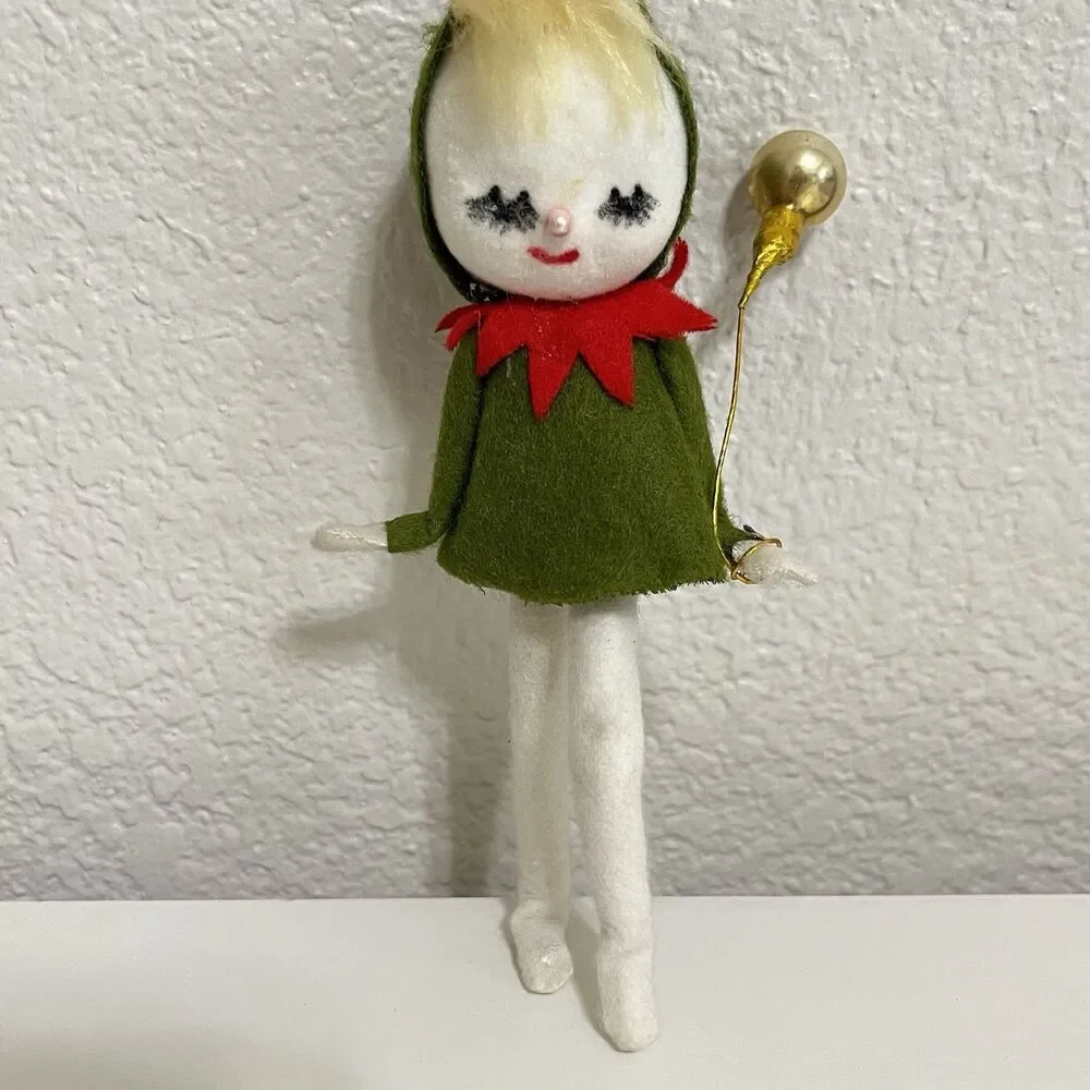 Vintage Flocked Felt Snow Baby Elf Christmas Ornaments Holding Balloons Lot of 2